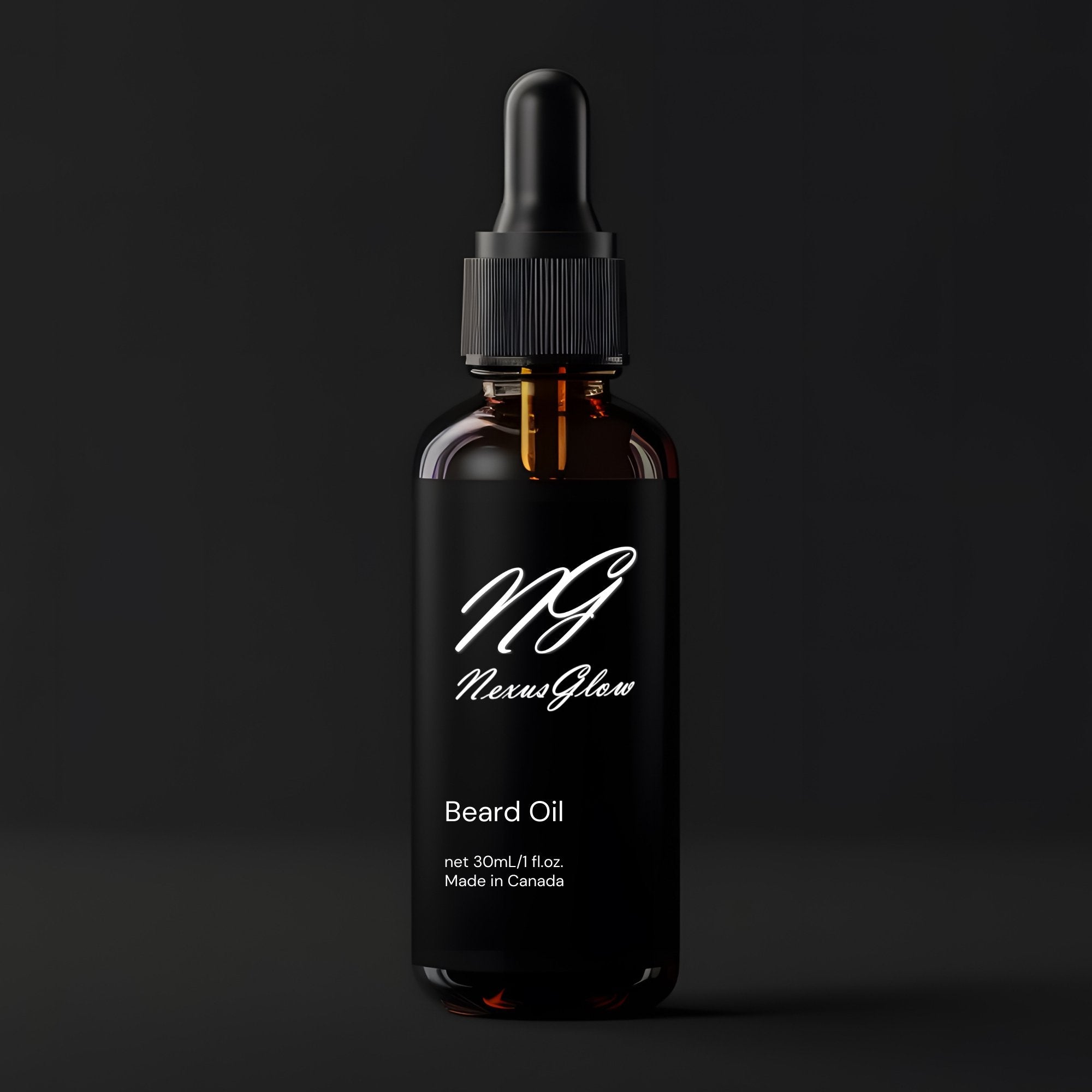 A sleek glass bottle of Classic Beard Oil with a black cap, designed for hydrating and conditioning beards, set against a clean, dark background