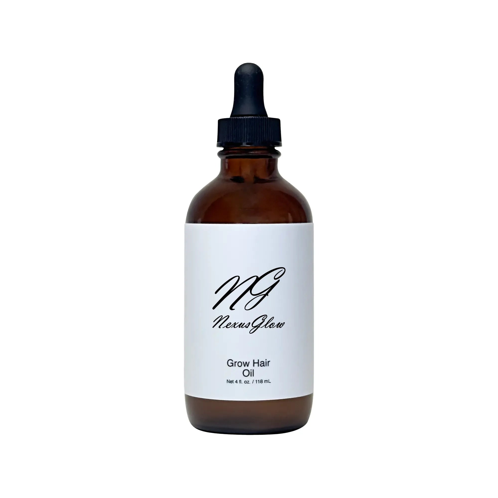 A clear glass bottle of Grow Hair Oil with a black cap, designed for strengthening and promoting hair growth. The label highlights natural ingredients like avocado, jojoba, and rosemary oils.